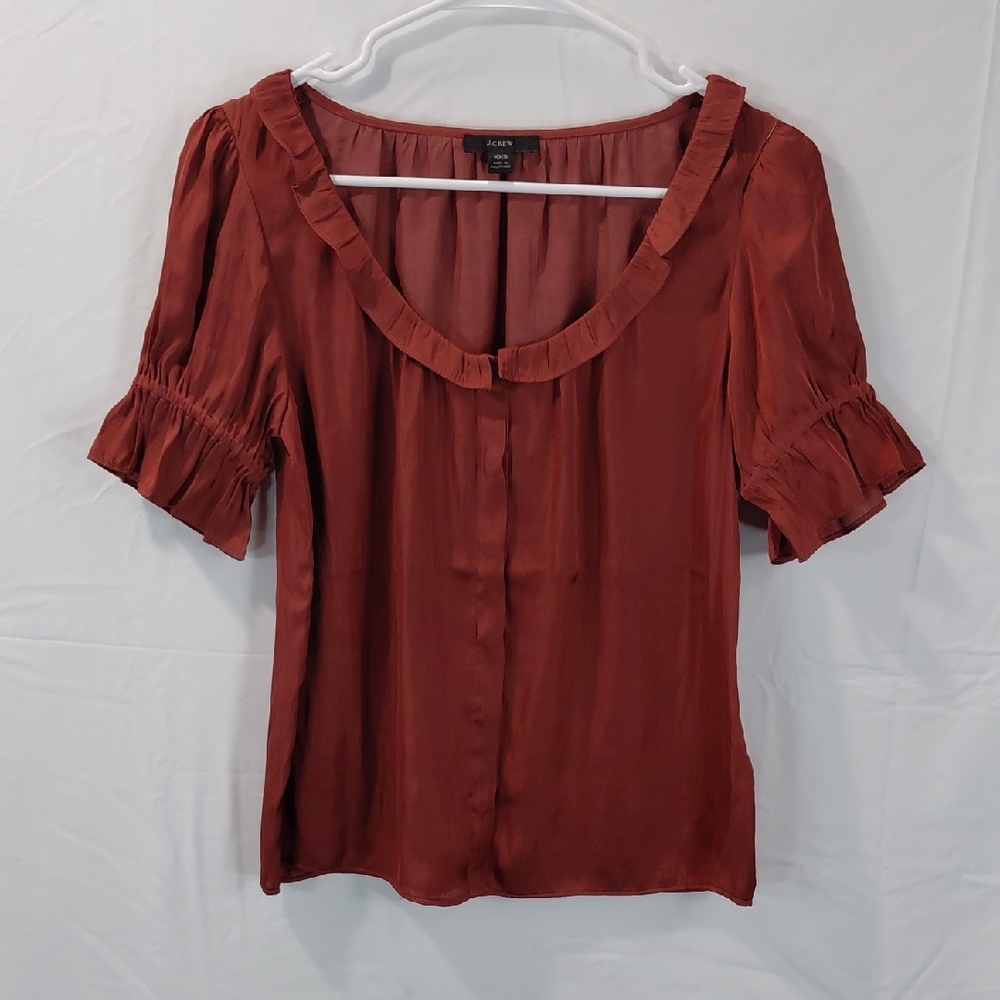 J. Crew Rust Red Ruffle Neck Short Sleeve Top